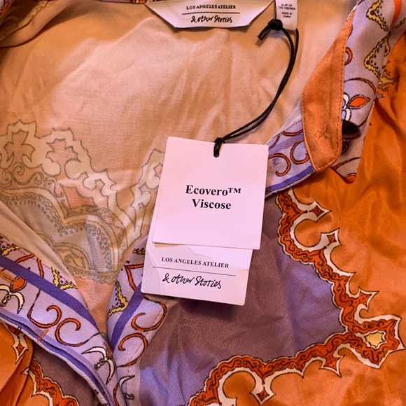 📌 ( Sold ) NWT & Other Stories Faux Wrap Orange and Purple Midi Shirt Dress - Picture 2 of 4
